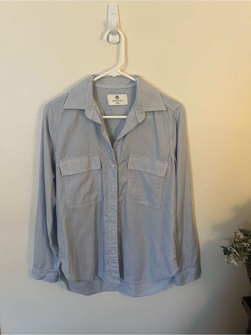 Babaton XXS Blue White Pinstripe Utility Shirt Lyocell 4 Pocket